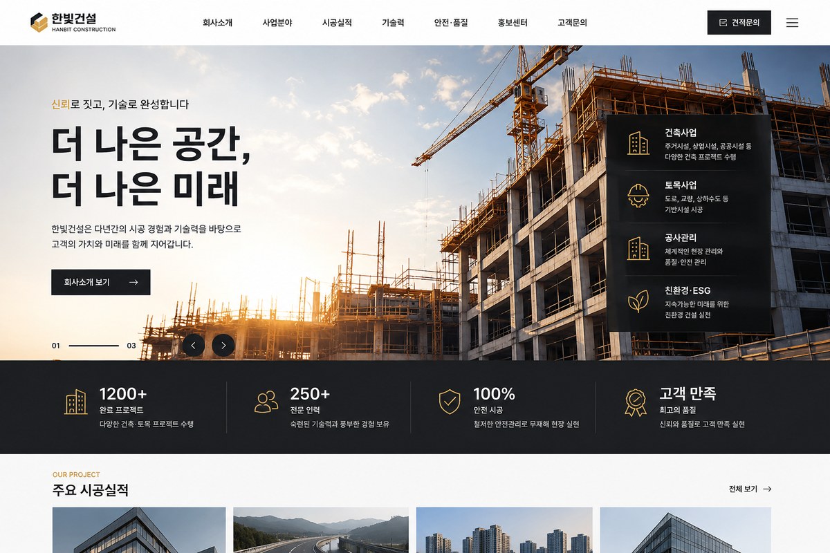 건설 · 시공 홈페이지 메인 디자인 예시