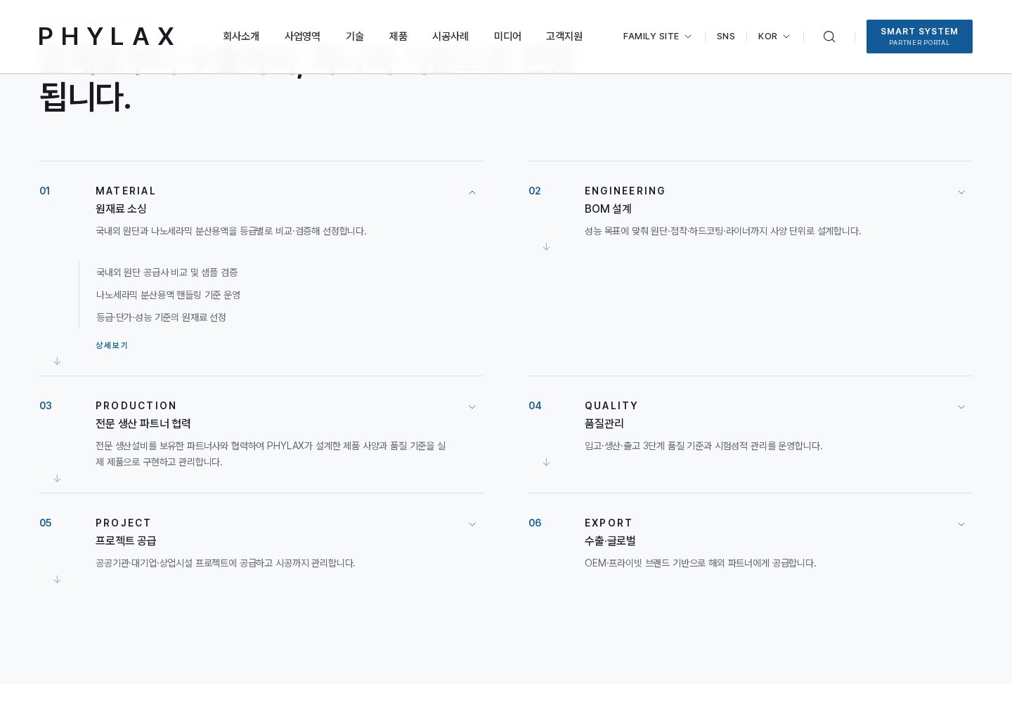 PHYLAX 기술 · 생산 프로세스 실제 화면